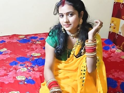 A newly married clasp returned home, full of excitement. The bride, in a beautiful saree, was anxious for intimate moments.